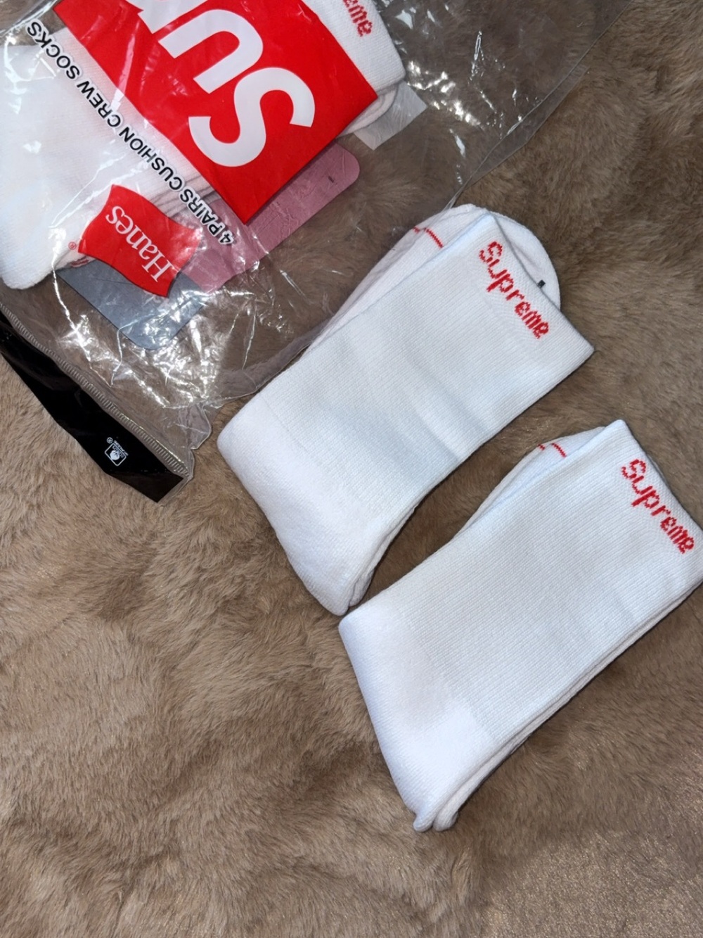 Supreme White Crew Socks with Red Logo - Pair